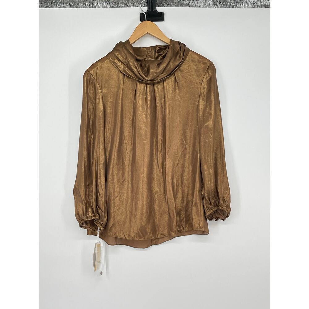 NWT Per Se Silk Metallic Brown Long Sleeve Blouse Size 10 Classic Quiet‎ Luxury